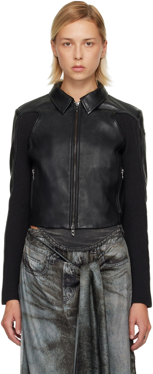 Leather Jacket with Ribbed Knit Sleeves