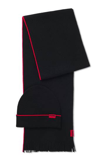 Шапка BOSS Knitted wool hat and scarf set with contrast trim Черно | 50517757, 0