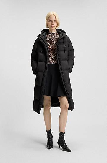 Пухо яке BOSS Long-length hooded down jacket with stacked-logo print Черно | 50546355, 1