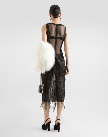 Pокля Dolce & Gabbana Dolce & Gabbana Sleeveless Calf-Length Marquisette Dress with Sequined Fringing Черно | F6TPBZGDC1DN0000, 2