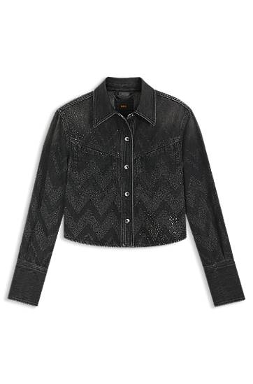Яке BOSS Cropped regular-fit crystal-embellished chevron denim jacket Черно | 50548445, 0