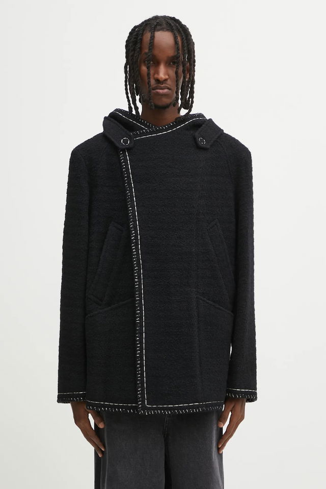 Wool Blend Hooded Coat with Contrast Stitching