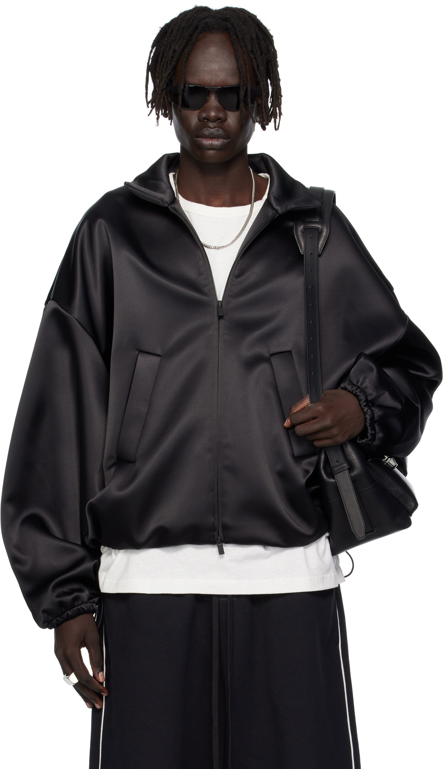 Яке бомбър Fear of God ESSENTIALS Bonded Satin Zip-Up Bomber Jacket Черно | 202SP258070F, 0