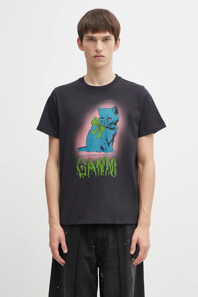Тениска GANNI Basic Cotton Jersey Neon Kitty T-shirt Черно | T4340