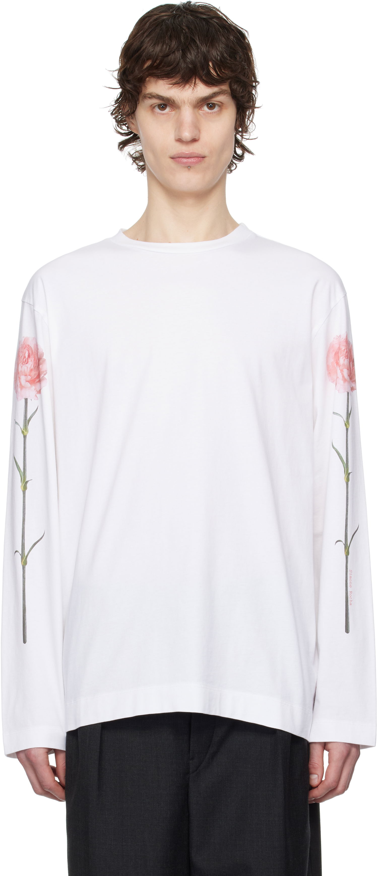 Тениска Simone Rocha Simone Rocha Carnation Print Long Sleeve T-Shirt Бяло | 5194P32P32A-M 0569, 0