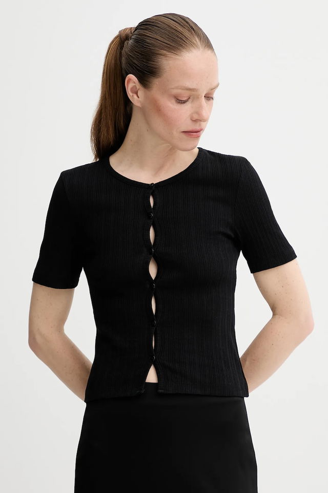 Ribbed Short-Sleeve Button-Front Top SAJUNI