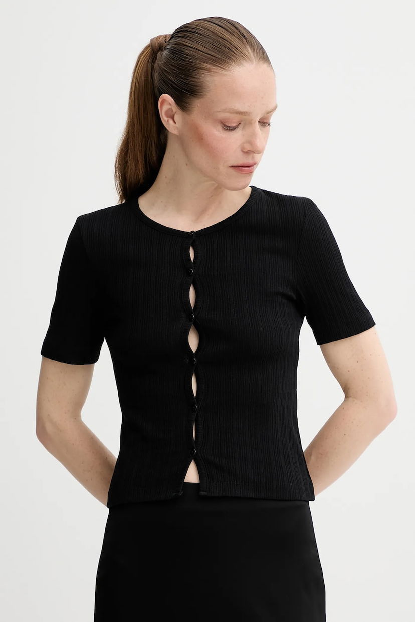 Съкратен топ Samsoe Samsoe Ribbed Short-Sleeve Button-Front Top SAJUNI Черно | F25200028