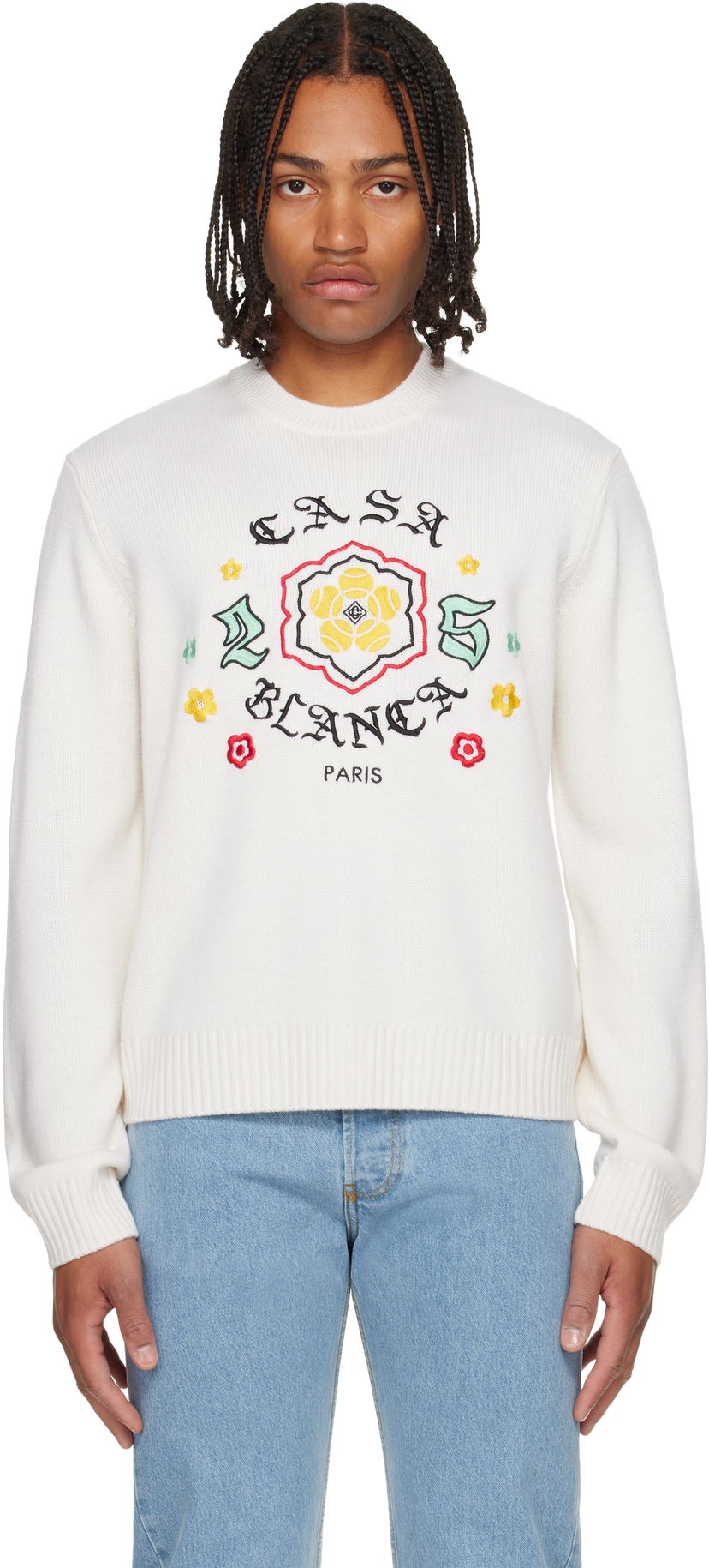 Пуловер Casablanca Casablanca Emblem Merino Knit Crew Neck Sweater Бяло | M-AW25-KW-1105-01