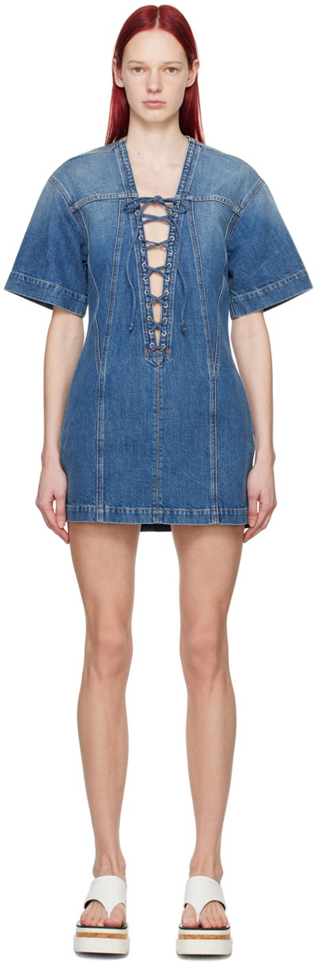 Pокля Stella McCartney Stella McCartney Lace-Up Denim Minidress Синьо | 6D02603SPH72