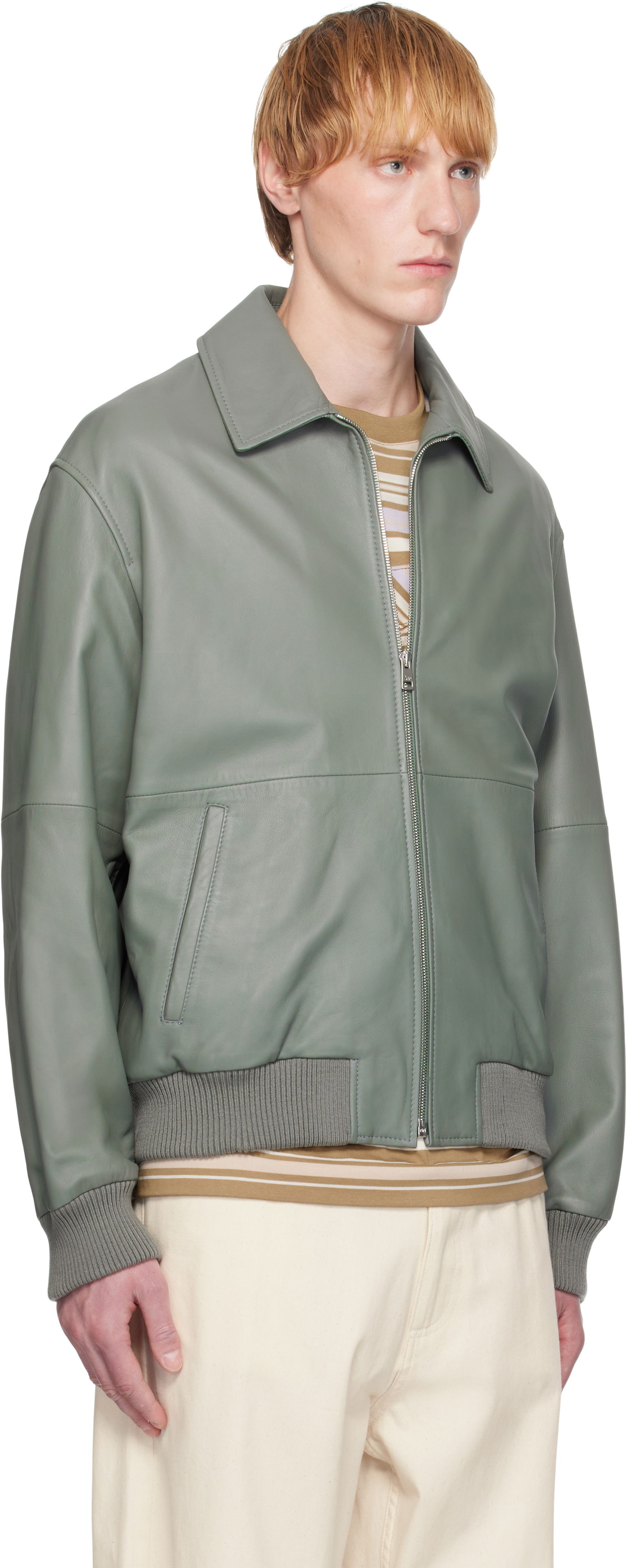 Яке бомбър MAISON KITSUNÉ Maison Kitsuné Leather Bomber Jacket Зелено | OM02129LR0019, 1