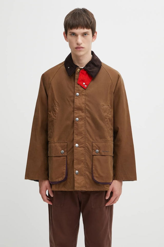 Paul Smith OS Bedale Wax Jacket with Red Snap Tab and Corduroy Collar