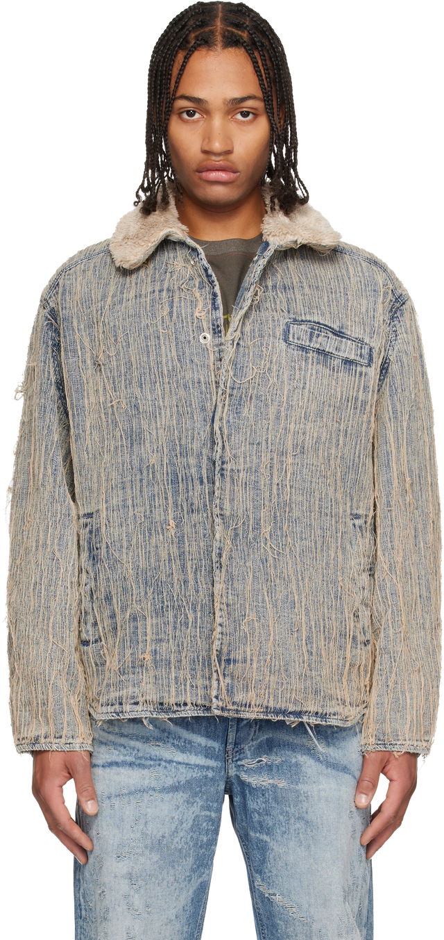 Shredded Denim Jacket with Sherpa Collar D-Ivar-S