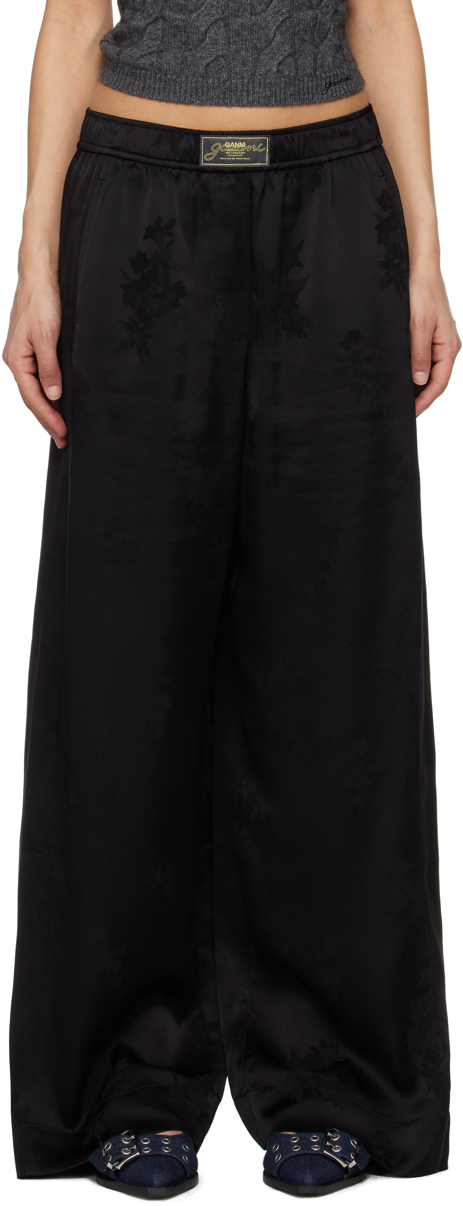Панталони GANNI GANNI Satin Jacquard Trousers Черно | W0383, 0