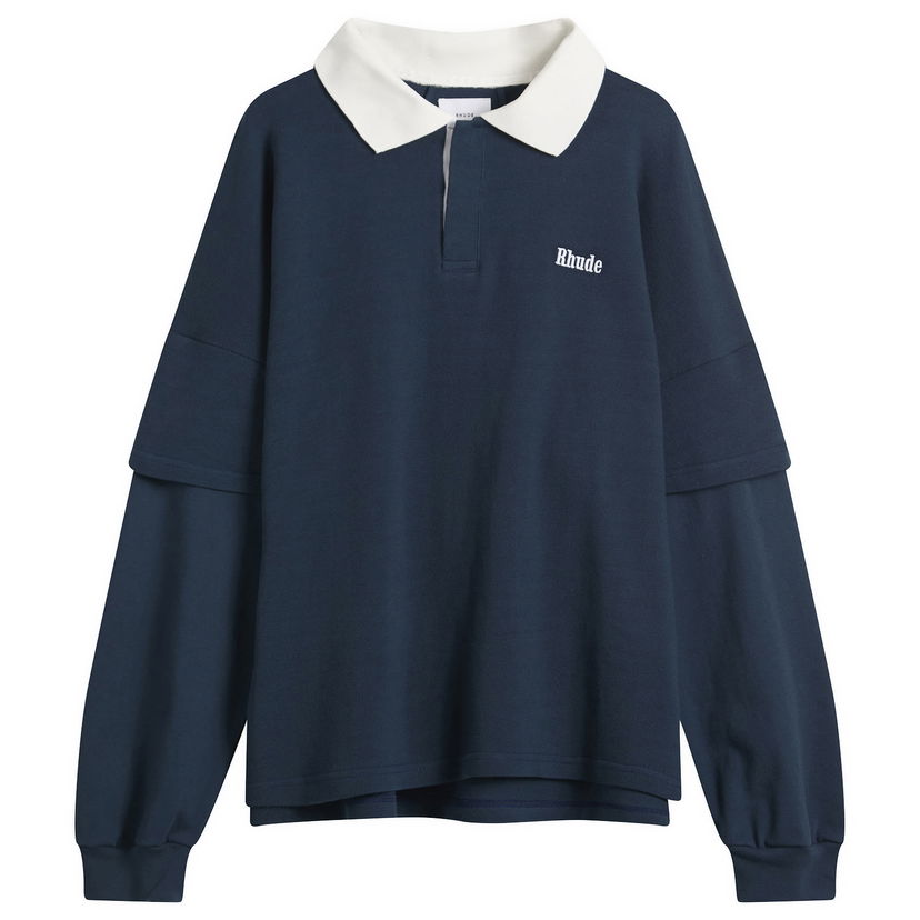 Поло тениска Rhude Layered Long Sleeve Pique Polo Тъмно синьо | RHFW25PO03012-3175