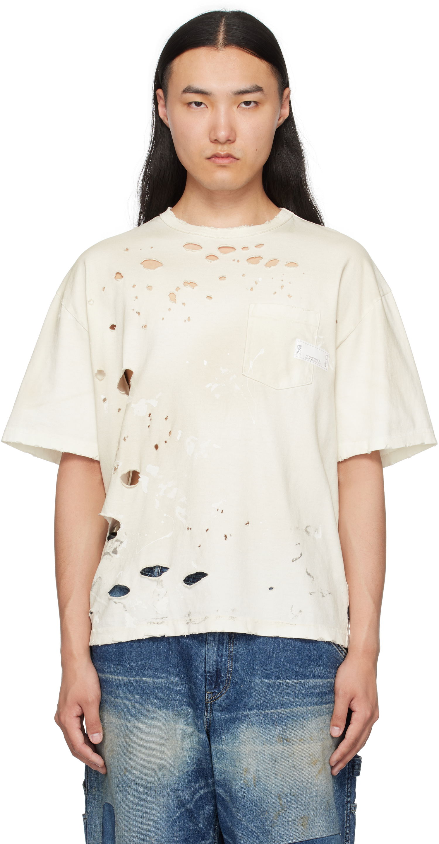 Тениска Neighborhood Neighborhood Savage Crewneck Distressed T-Shirt Бяло | 251OKNH-CSM04, 0