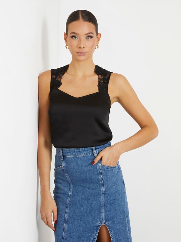 Потник GUESS Lace Insert Top Черно | W4RH61WD8G2, 0