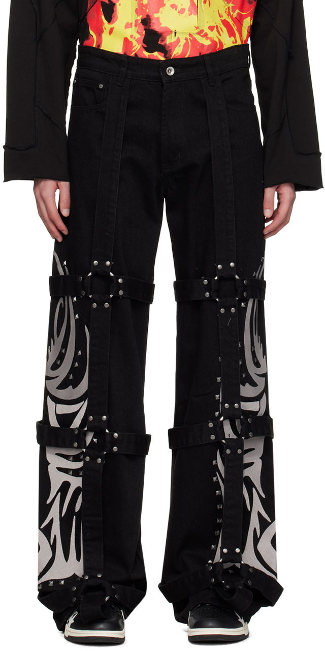 Who Decides War Bondage Strap Studded Graphic Jeans