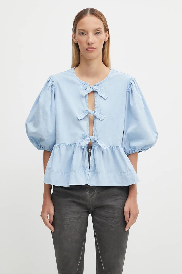 GANNI Washed Stretch Cotton Peplum Tie-Front Blouse
