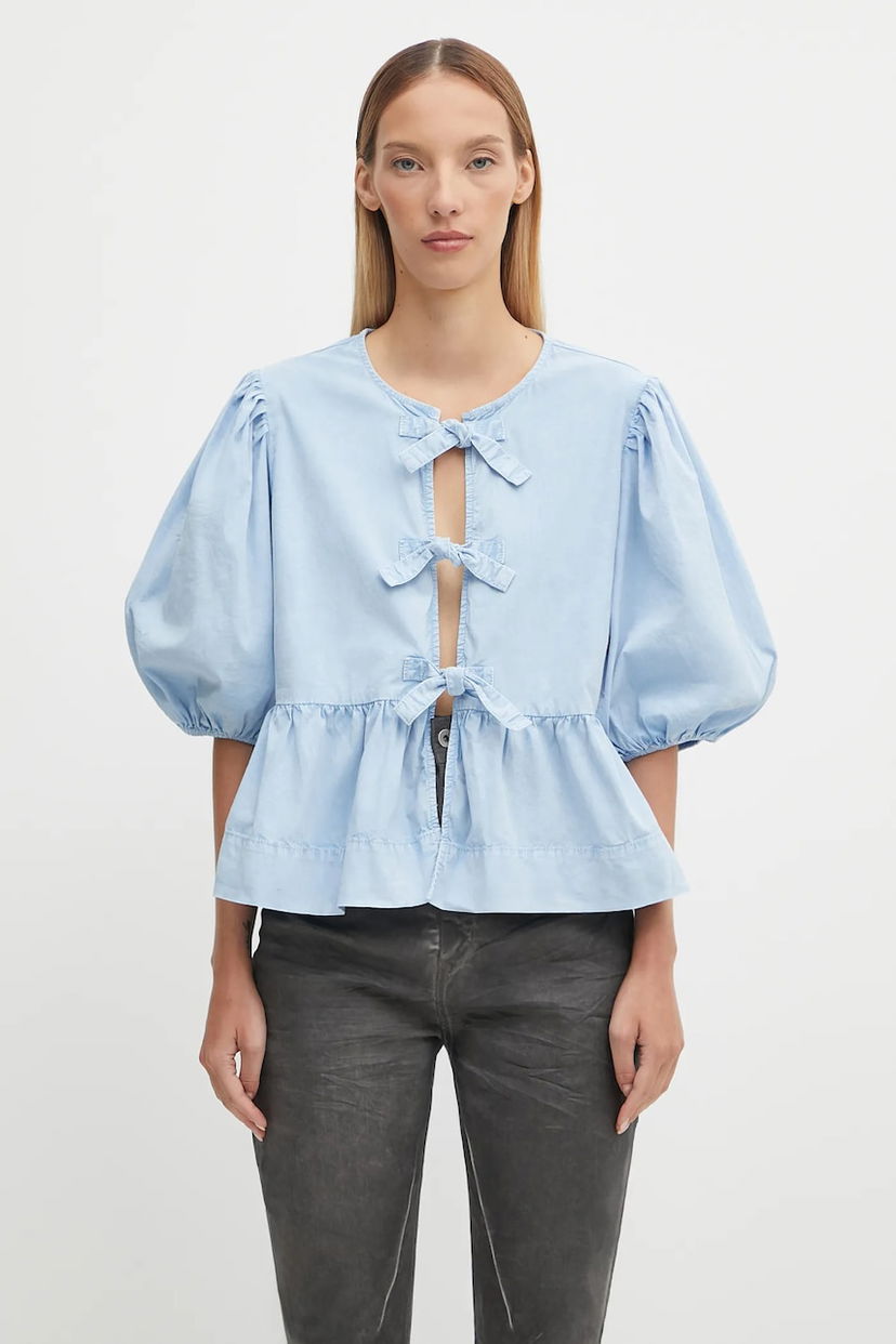 Риза GANNI GANNI Washed Stretch Cotton Peplum Tie-Front Blouse Синьо | W0970