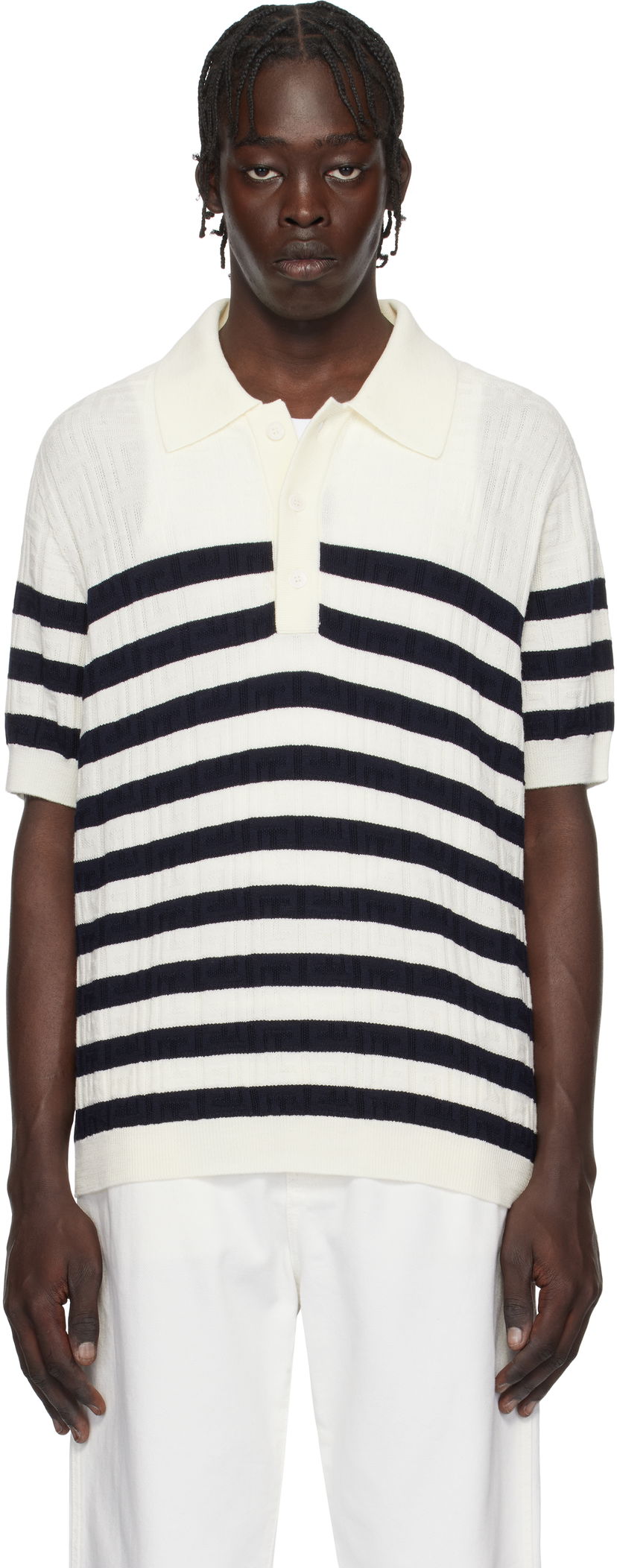 Поло тениска Balmain Striped Knit Polo Shirt Бяло | EH1GB066KI01