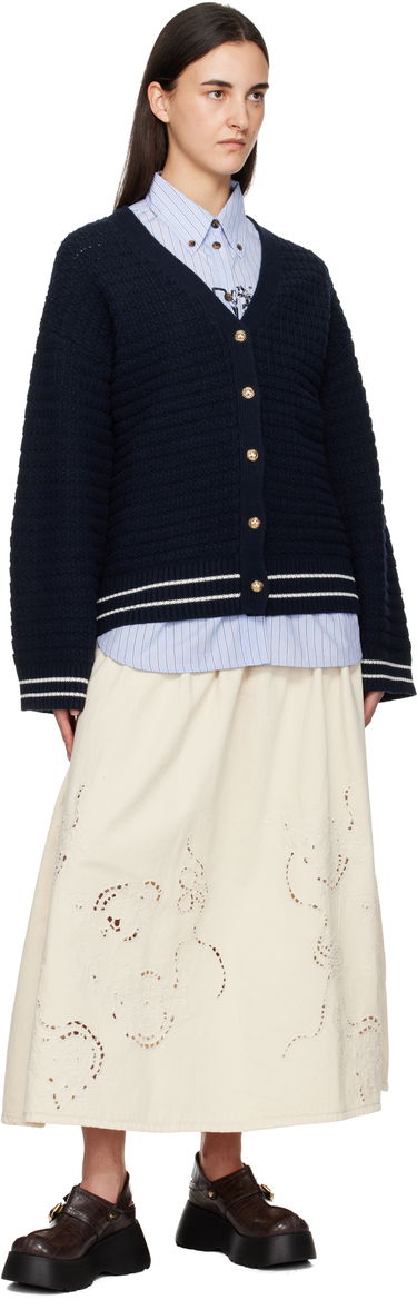 Пуловер GANNI Textured Knit Wool V-Neck Cardigan with Gold-Tone Buttons and Striped Trim Тъмно синьо | K2634, 3