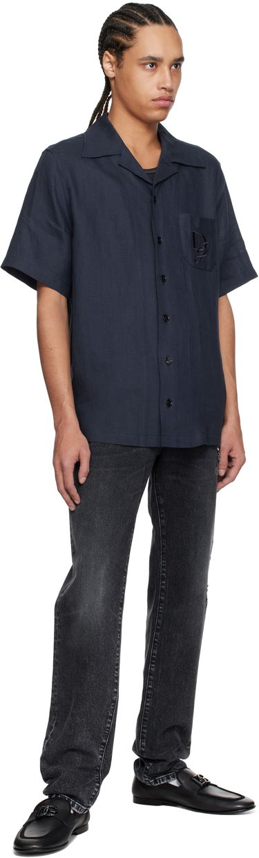Риза Dolce & Gabbana Dolce&Gabbana Logo Embroidered Linen Resort Shirt Тъмно синьо | G5JH9ZFU4LG, 3