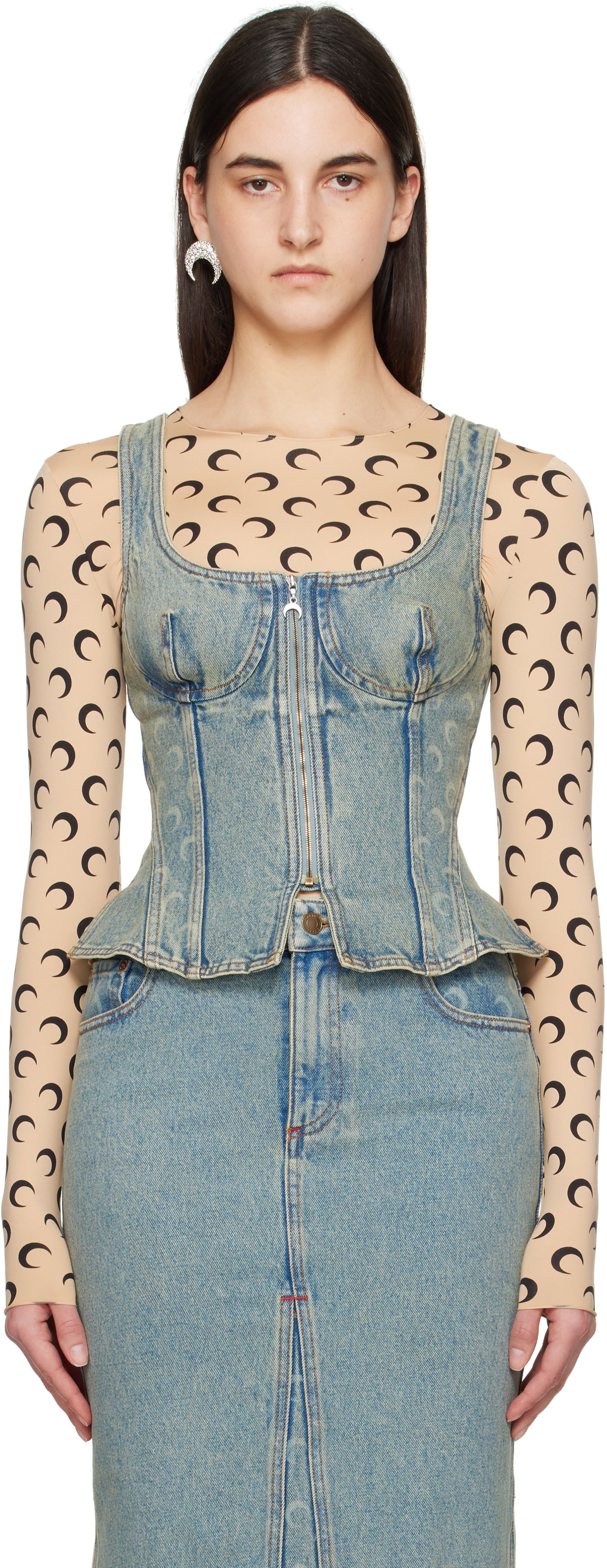 Пола Marine Serre Marine Serre Moon Laser Denim Corset Top Синьо | WTO408A CDEN0003, 0