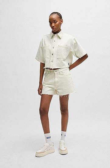 Риза BOSS Cropped Denim Blouse with Raw Hem Бяло | 50537471, 1