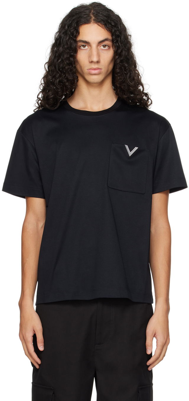 Black Metallic V Detail T-Shirt