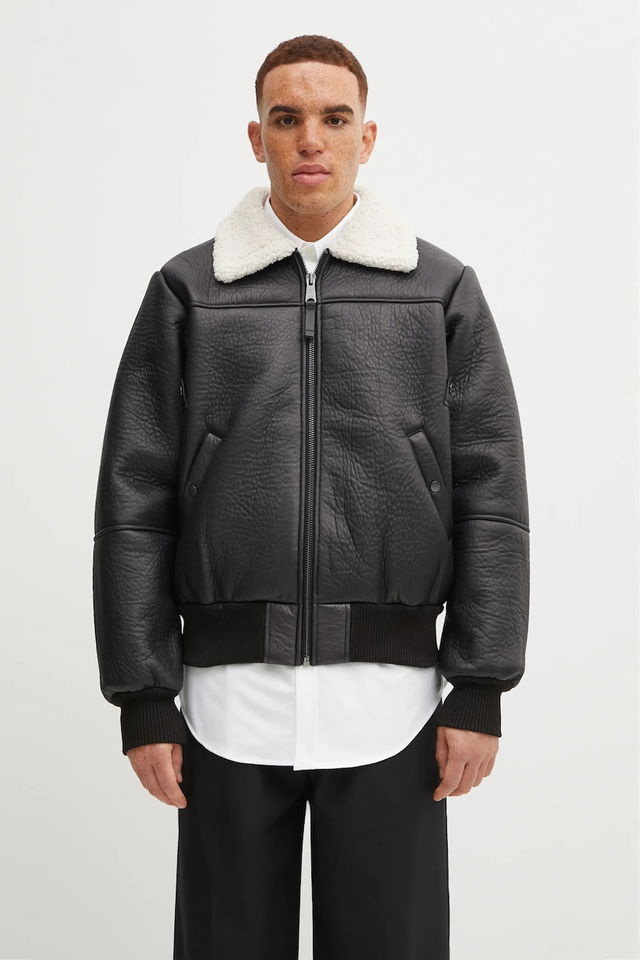 B-15 Modified Faux Leather Bomber Jacket with Faux Shearling Collar