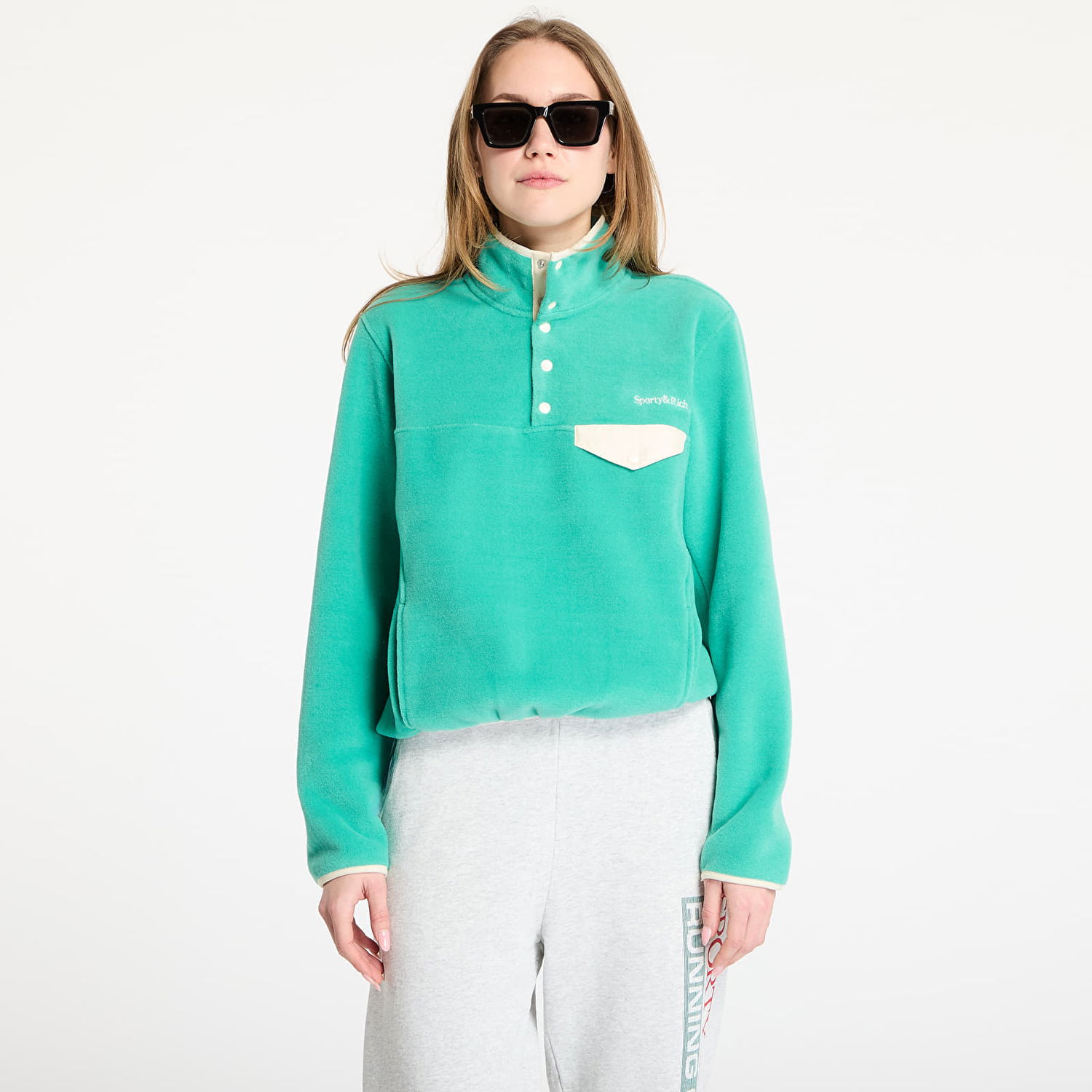 Пуловер Sporty & Rich Sporty & Rich Serif Logo Polar Fleece Sweatshirt Зелено | JA047514300GR37, 0