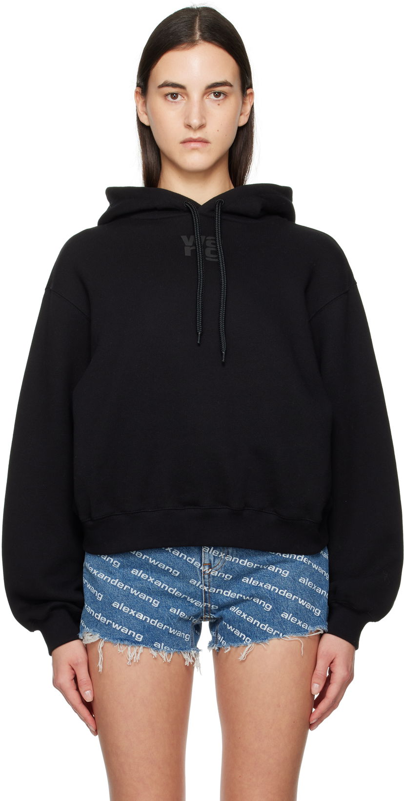 Суитчър Alexander Wang Puff Logo Cropped Hoodie Черно | 4CC3242101