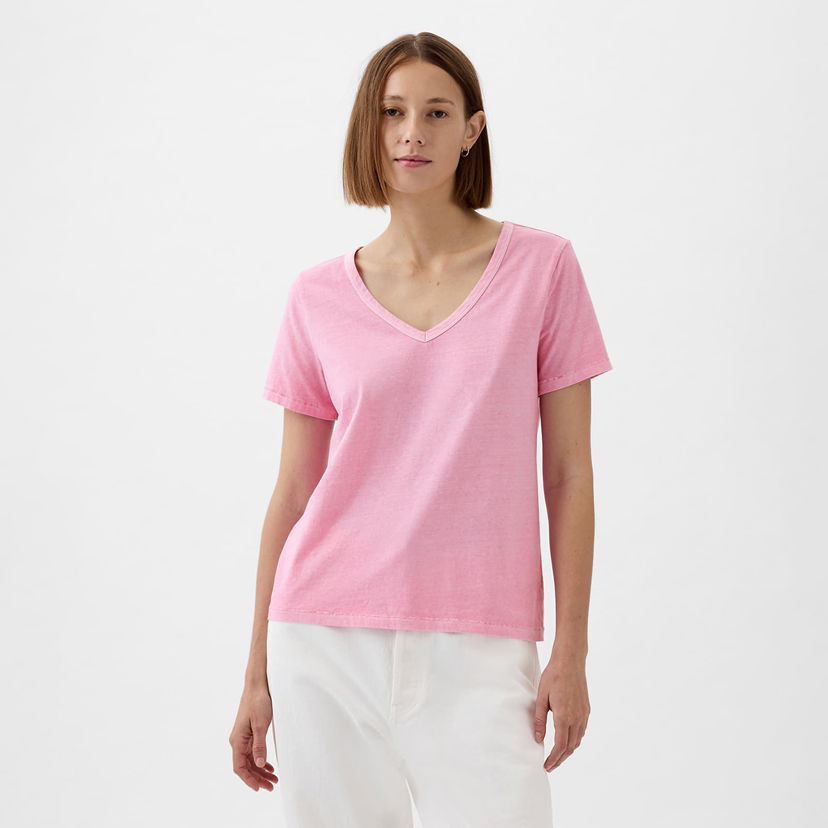 Тениска GAP V-Neck Tee Sugar Pink Розово | 740140-67