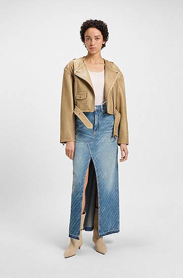 Яке BOSS Cropped Grained Leather Biker Jacket Бежово | 50543026, 1