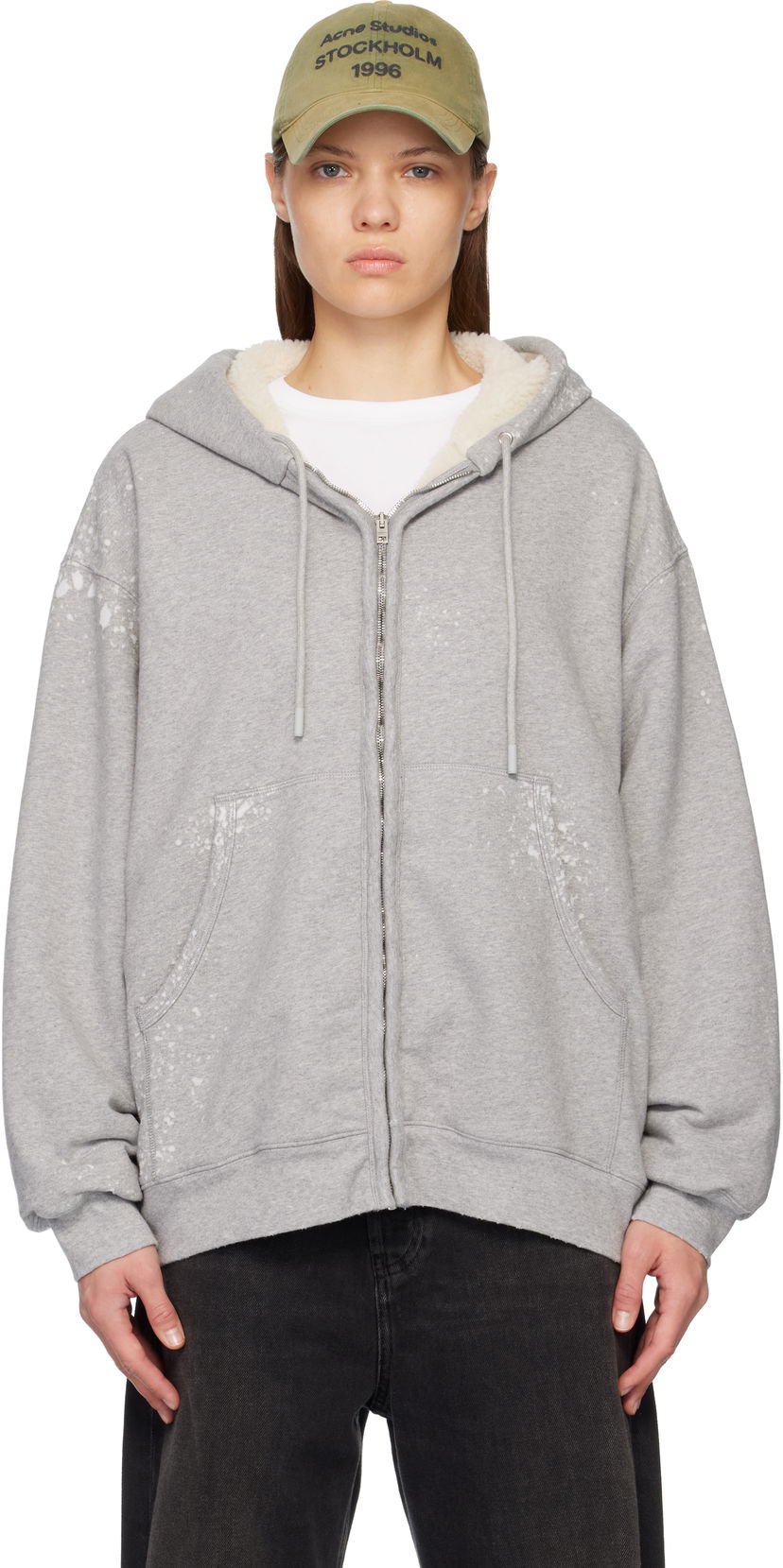 Суитчър Acne Studios Distressed Full-Zip Sherpa Lined Hoodie with Kangaroo Pockets Сиво | AI0178-