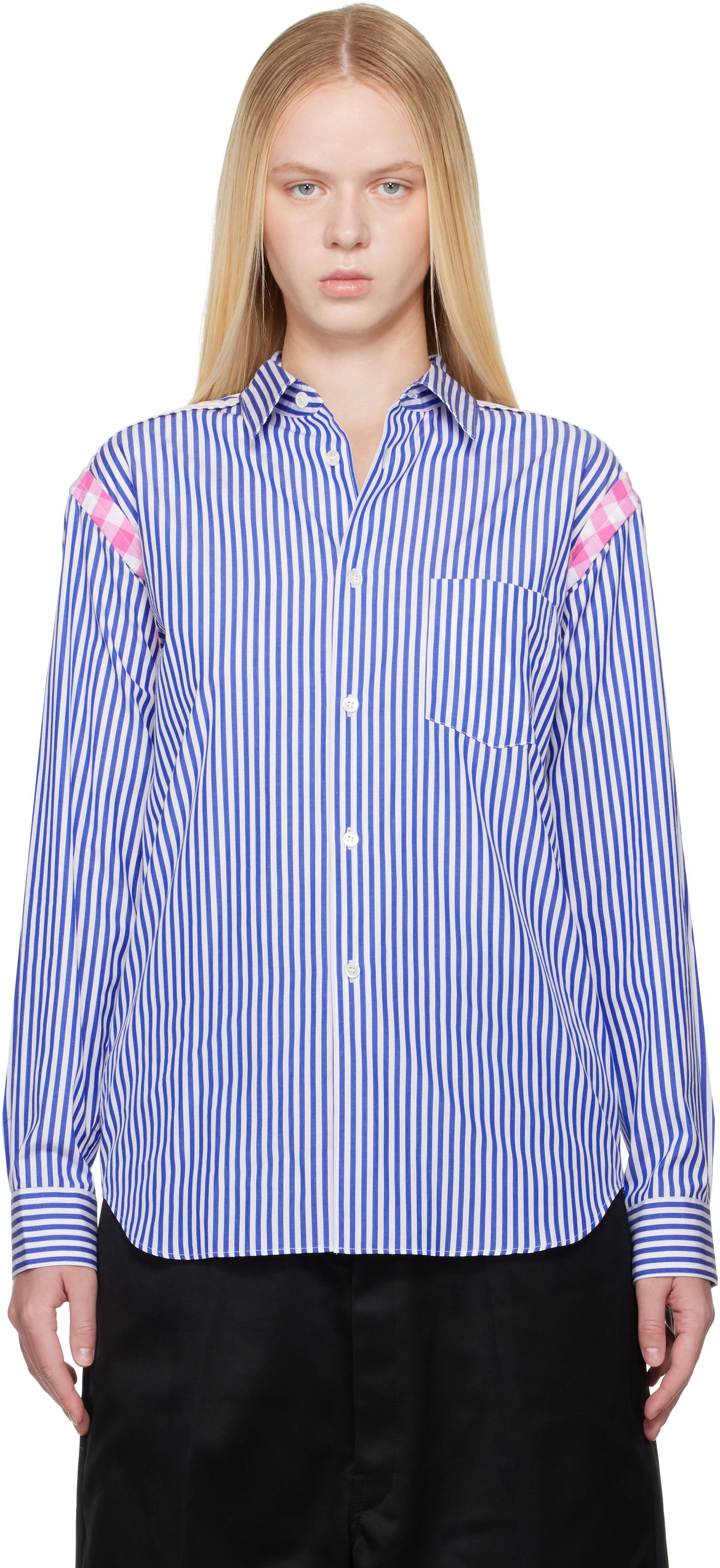 Риза Comme des Garçons Comme des Garçons Striped Gingham Trim Shirt Синьо | FO-B020-S25, 0