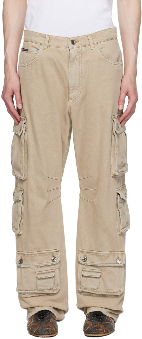 Beige Distressed Denim Cargo Pants