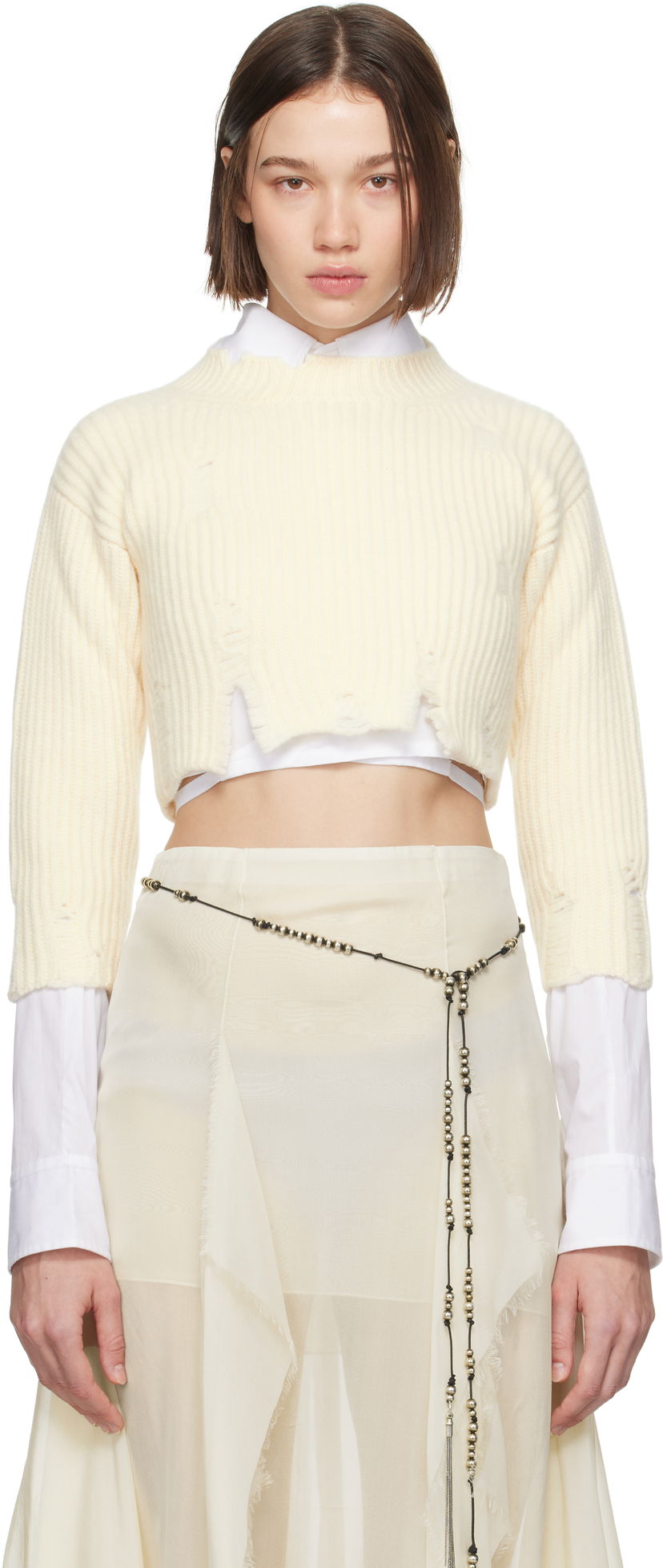 Пуловер Ann Demeulemeester Cropped Distressed-Hem Sweater Бяло | 2402-W-KN30-KN048-003