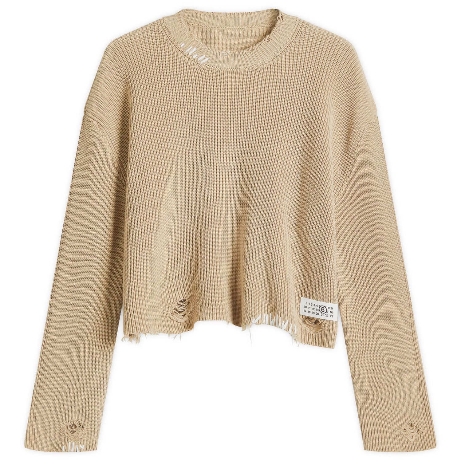 Пуловер Maison Margiela MM6 Maison Margiela Women's Distressed Knit Crewneck Sweater, Size Large Бежово | S52HL0036M13089119, 1