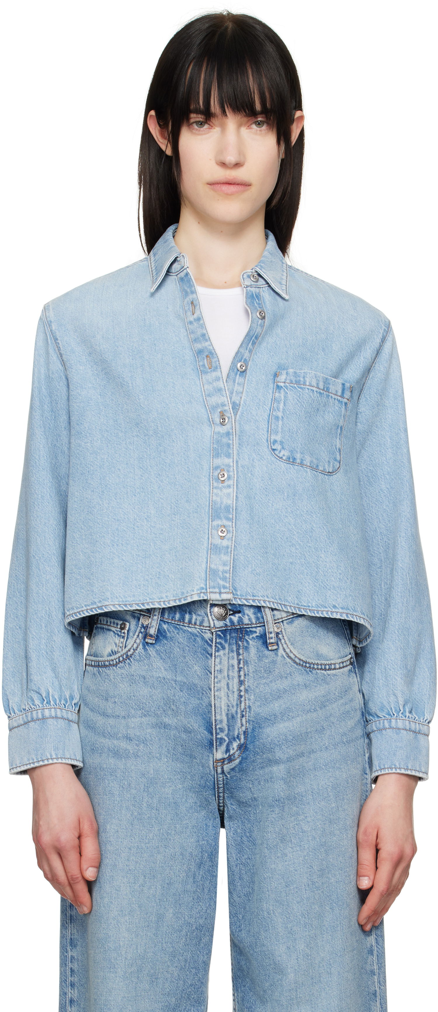 Риза rag & bone Rag & Bone Featherweight Cropped Maxine Denim Shirt Синьо | WDD25S1446UFGR, 0