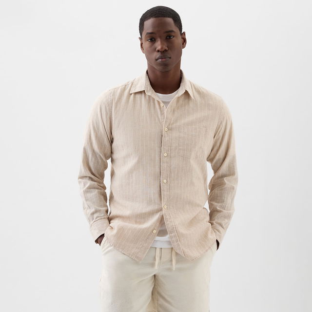 Longsleeve Standard-Fit Linen Shirt Khaki Stripe