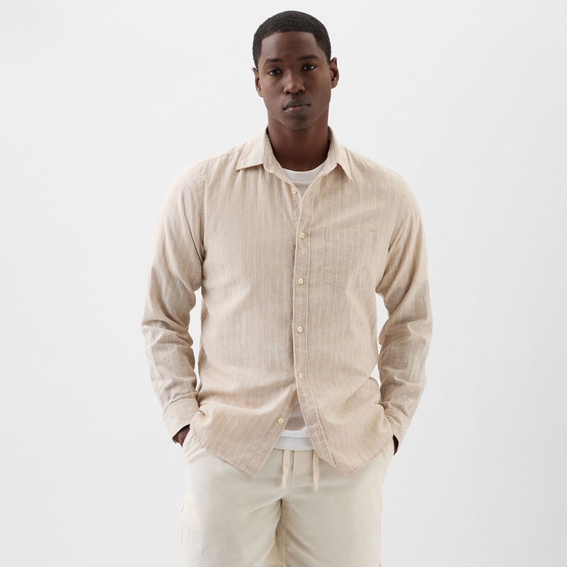 Риза GAP Longsleeve Standard-Fit Linen Shirt Khaki Stripe Бежово | 885302-01