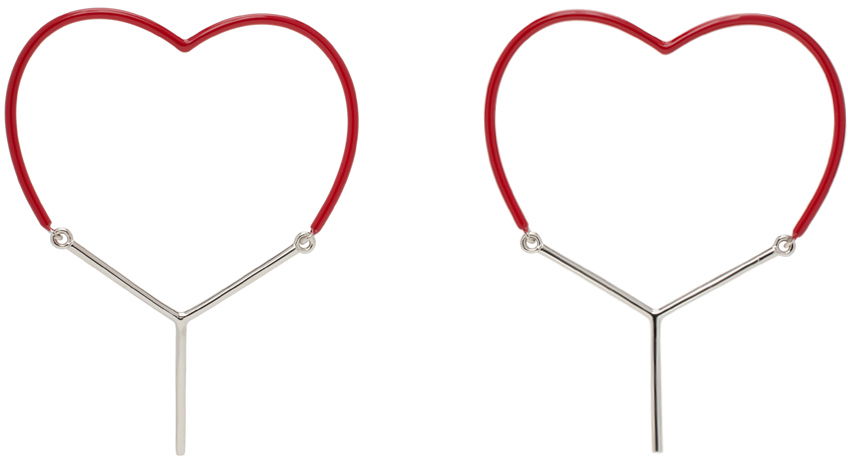 Обеци Y/PROJECT Red & Silver Mini Y Heart Earrings Червено | 640EA002, 0