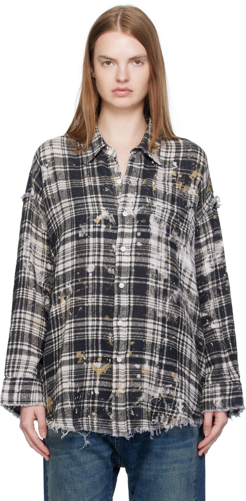 Риза R13 R13 Shredded Seam Drop Neck Plaid Shirt Черно | R13WR075-R557B