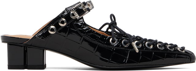 GANNI Croc-Embossed Patent Leather Eyelets Lace-Up Block-Heel Mules