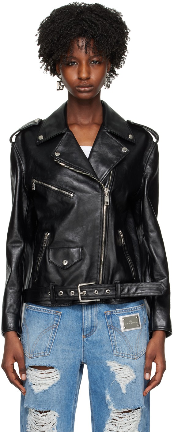 Black Pin-Buckle Belt Leather Jacket