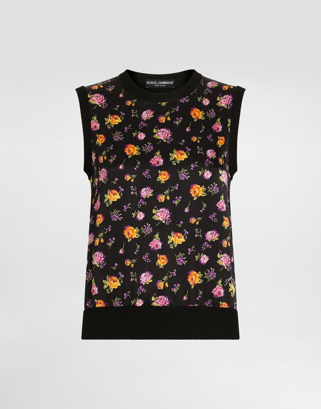 Small Rose Bouquets-print Silk Tank Top