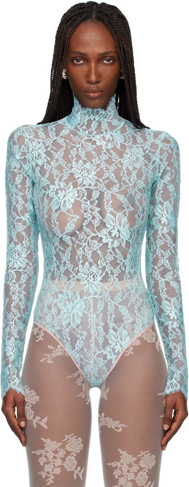 Sheer High-Neck Long-Sleeve Floral Lace Bodysuit