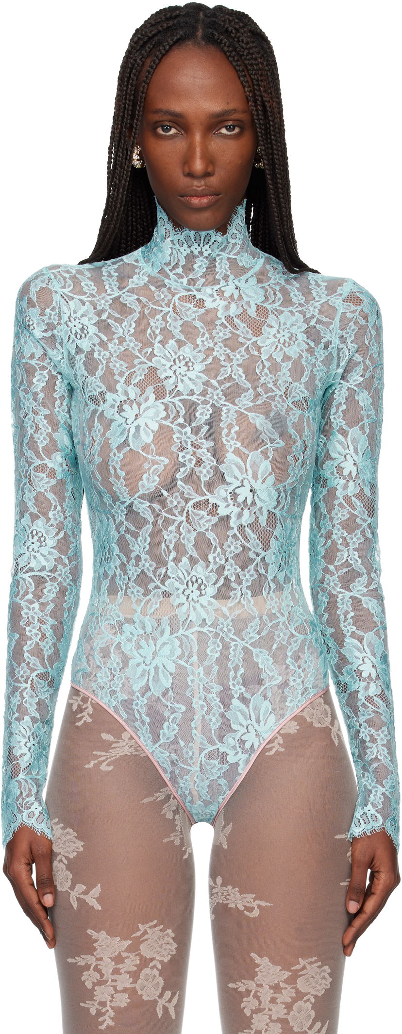 боди Valentino Sheer High-Neck Long-Sleeve Floral Lace Bodysuit Тюркоазено | 7B0MR01Z9TS