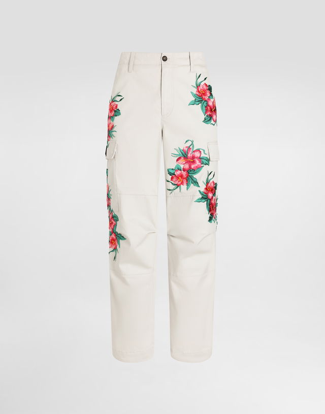 Dolce & Gabbana Cotton Cargo Pants with Floral Embroidery